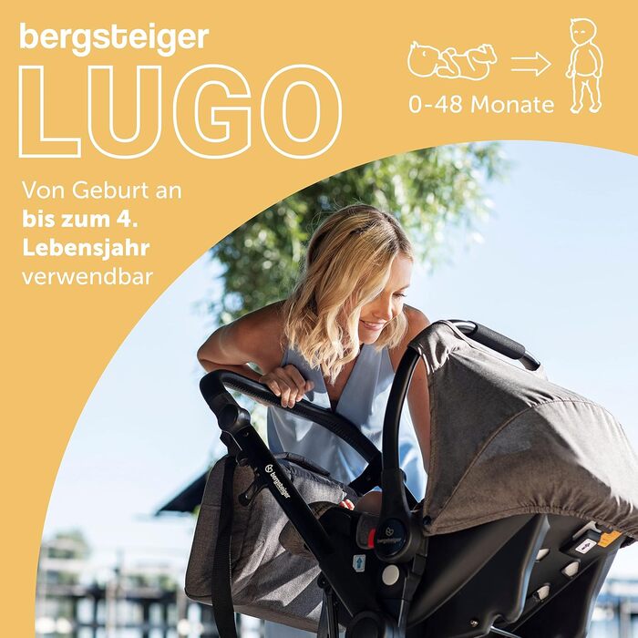 Дитяча коляска Bergsteiger Lugo 3в1 | Комплект 3в1 з аксесуарами - автокрісло, блок для прогулянок, сонцезахисний козирок та вітрозахисний чохол | Доступна Isofix база (колір: коричневий, рама: чорна)