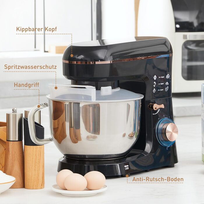 Кухонна машина HOMCOM 1400W з чашею 5.5л з нержавіючої сталі, 6 швидкостей, міксер для тіста, з набором насадок