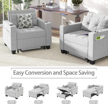 DURASPACE розкладне крісло-ліжко 3-в-1, 99 см, із USB, кишенею, підстаканником, для малих приміщень, зелений/світло-сірий
