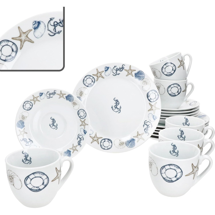MamboCat Neptun - 18-ти елементний кавовий сервіз для 6 осіб з порцеляни з морськими мотивами (якір, мушля)