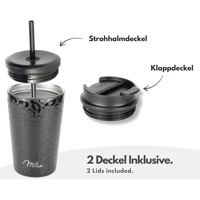 Термокружка Milu 400 мл - не протікає, з нержавіючої сталі, з трубочкою, ізольована, для кави/напоїв, чорна з леопардовим принтом, BPA-free