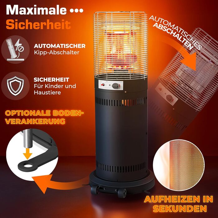 Газовий обігрівач TRESKO® 11 кВт на колесах | Для тераси, балкону та саду | Газовий нагрівач-гриб з регулятором та шлангом (Чорний)