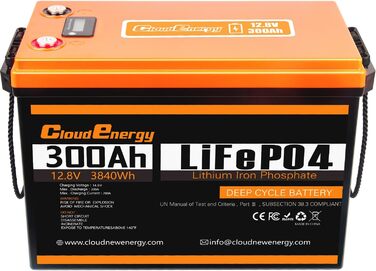 Акумулятор LiFePO4 Cloudenergy 12,8 В 300 Ач, 100 А BMS, 6000 циклів, 10 років, для автономної мережі, дому, автофургону