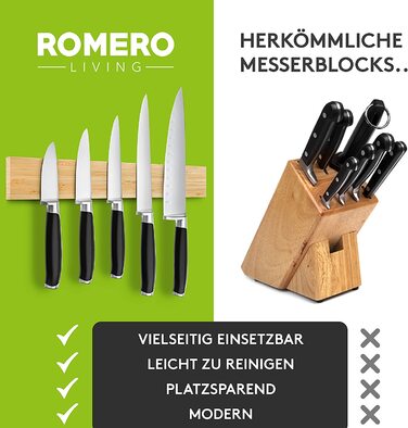 Магнітна підставка для ножів 40 см,  Romero Living  самоклеюча 3 м VHB з сильним магнітом, бамбукове дерево, силікон