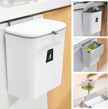 Підвісний сміттєвий бак SENENQU з кришкою 9 л, невеликий підвісний сміттєвий бак для кухні, Кухонний сміттєвий бак, підвісний сміттєвий бак для кухні, Настінний сміттєвий бак для будинку на колесах, ванна кімната-білий