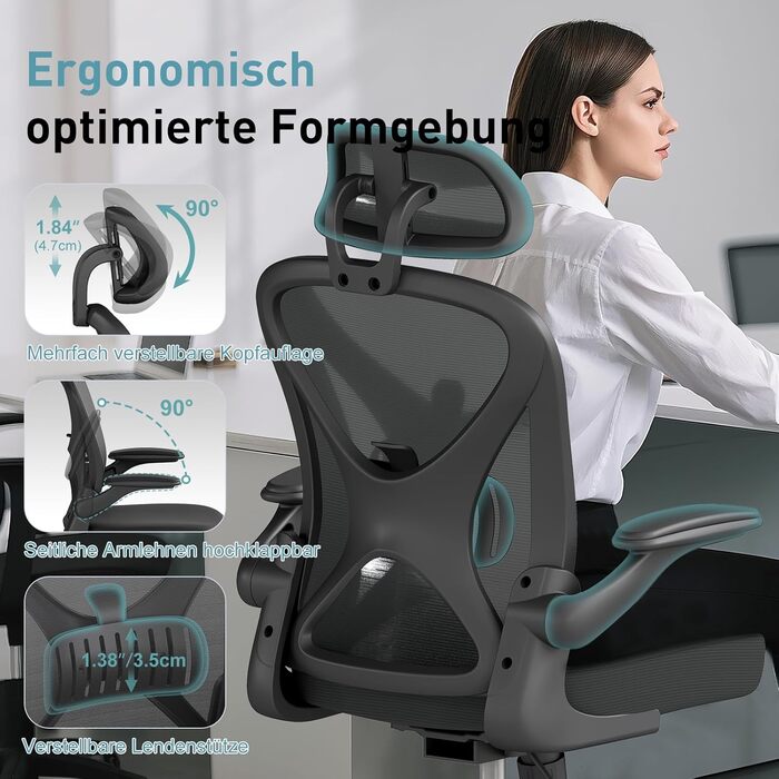 Ергономічне крісло для офісу ZZH, сітчасте крісло з регульованою поперековою підтримкою та підйомними підлокітниками, дихаючий комп'ютерний стілець для дому з обертанням на 360° та регулюванням висоти (Чорний – з підголівником)