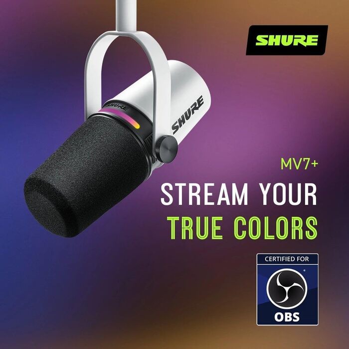 Мікрофон Shure MV7+ для подкастингу, покращений звук, LED-тачпанель, USB-C/XLR, авто-рівень, цифровий поп-фільтр, ефекти реверберації, для запису, стрімінгу, білий
