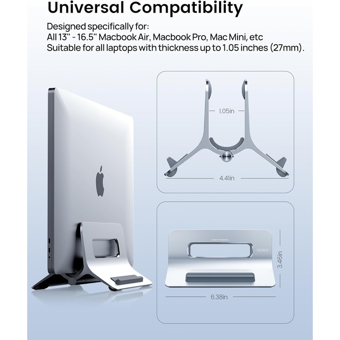 Підставка для ноутбука SODI вертикальна, автоматична, з алюмінію, для MacBook Pro/Air, ноутбуків, планшетів, телефонів (срібна)