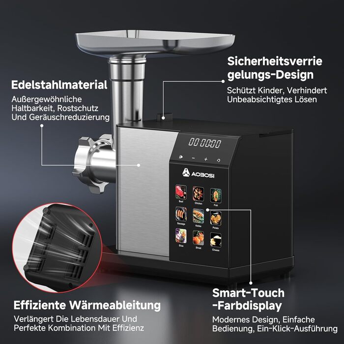 Електрична м'ясоподрібнювач AAOBOSI 3000W з LED-дисплеєм, 9 швидкостей, з нержавіючої сталі, для дому, з насадкою для ковбас та кіббе, інтегрований контейнер, сріблястий