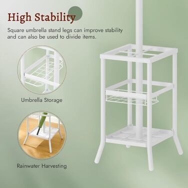 Настінна вішалка для одягу FAVOOSTY з підставкою для парасольки, 12 гачків, стійка для пальто, вішалка для одягу в вітальню, спальню, срібна (білий)