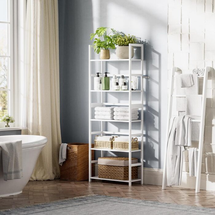 5-ярусна полиця для книг, індустріальна полиця з бамбуковим каркасом, сучасна полиця-вітрина, органайзер для зберігання з дерева для вітальні, домашнього офісу, рустичний колір (білий)