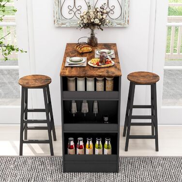 Барний стіл COSTWAY з барними стільцями (набір для 2 осіб), з 3 полицями, кухонний стіл у стилі ретро, колір - коричневий