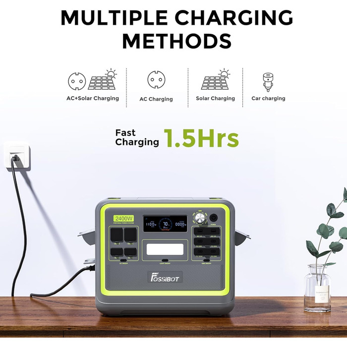 Портативна електростанція FOSSiBOT F2400: 2048Wh LiFePO4, 2400W (4800W пік), 230V, 3 виходи AC, сонячний генератор для дому, кемпінгу та резервного живлення