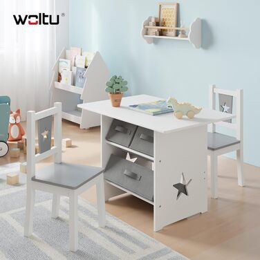 Дитячий набір меблів WOLTU: стіл та 2 стільці з ящиками для зберігання, дерев'яний, сіро-білий
