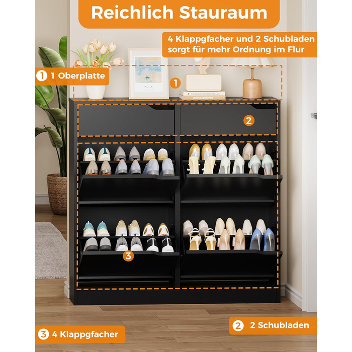 Шкаф для взуття IRONCK з 4 дверцятами, вузький, з 2 висувними ящиками, окремо стоячий, з регульованими перегородками, для передпокою, входу та вітальні (Білий) Білий (100x23.5x98см, Чорний)