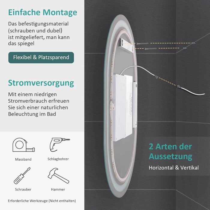 Дзеркало для ванної кімнати EMKE з підсвічуванням 80x60 см, сенсорне управління, антизапар, 3 кольори світла, регулювання яскравості, функція пам'яті, енергозберігаюче, овальне дзеркало