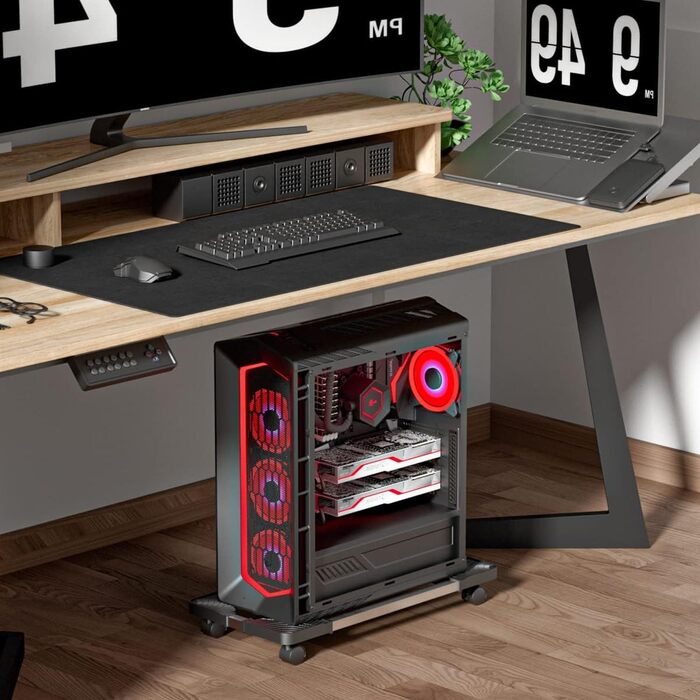 Підставка для CPU (процесора) ПК: Алюмінієва підставка для комп'ютера, універсальний регульований кріплення для CPU з 2 фіксованими колесами та 2 поворотними колесами на 360°, для настільних комп'ютерів або корпусів (чорний)