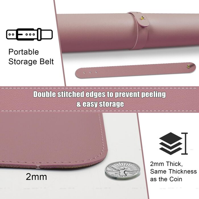 Шкіряний килимок для столу BLESWIN, великий протиковзкий підкладник під мишу та клавіатуру для ноутбука та комп'ютера, офісний настільний мат для письма (90x43 см, рожево-ліловий)