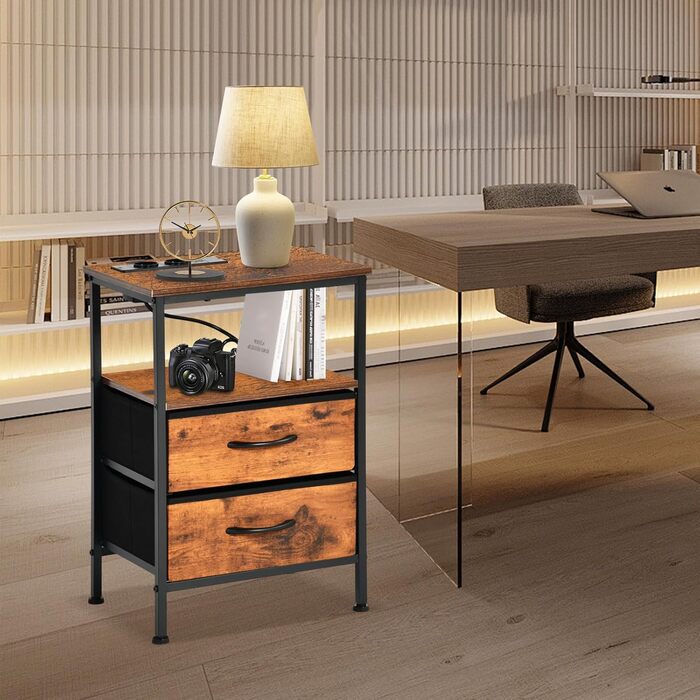 Нічні тумбочки EGGREE (2 шт) з зарядною станцією та шухлядами з тканини, колір вінтажний коричневий, для спальні, невеликих кімнат, готелю та апартаментів. USB-порти та розетки.