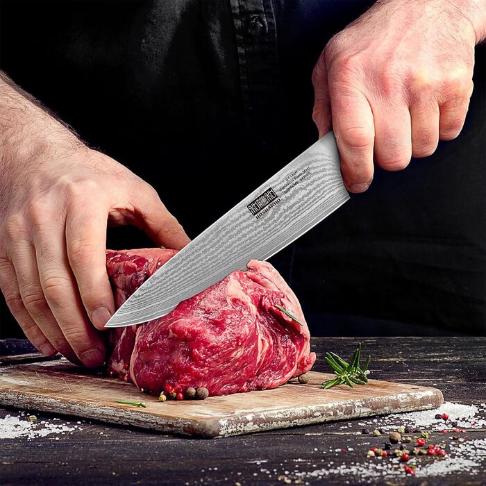 Ніж кухонний HOSHANHO Дамаск 20см, 67 шарів Дамаської сталі, японський ніж з ергономічною ручкою оливкового кольору