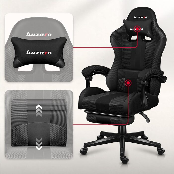Крісло ігрове Huzaro Force 4.7 Grau Mesh - для геймерів, офісу, з підніжкою, підтримкою спини та шиї, до 140 кг