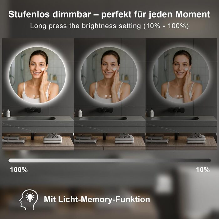 LED дзеркало для ванної кімнати з підсвічуванням, кругле, диммер, 3 кольори світла (3500K-6500K), сенсорне керування, протизапотівання, 80 см, для макіяжу та гоління