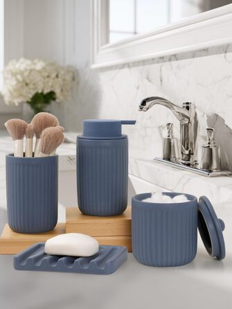 Набір для ванної кімнати блакитний, 4 шт. з кераміки: дозатор для мила 350 мл, стаканчик для зубної щітки, мильниця, контейнер для ватних паличок. Декоративний набір для раковини