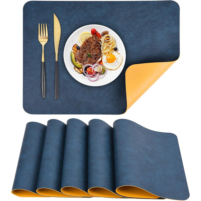 Набір підставок під тарілки 6 шт., синій, 40x30 см, нековзкі, миючіся, з термостійкого кожзаму