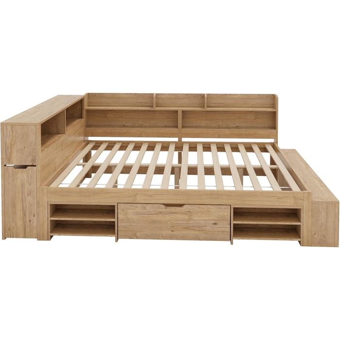 Ліжко дитяче 90x200, 140x200, з ящиками, полицями та дошкою, захистом від падіння, з ламелями, з місцем для зберігання, для підлітків, функціональне, дерев'яне ліжко, без матраца, біле