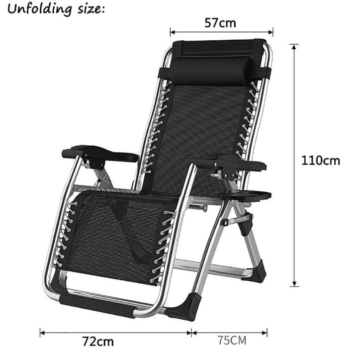 Розкішна лежанка для відпочинку: велика, складана, для саду, патіо, пляжу, басейну, з подушкою, витримує до 200 кг (чорна)