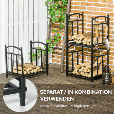 Стильна полиця для дров Outsunny – 46 x 32 x 126 см, 3 яруси, з 4 гачками. Металева, чорного кольору.