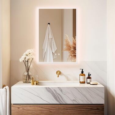 Дзеркало для ванної кімнати LUVODI з підсвічуванням 40x50 см: регульоване LED дзеркало з 3 кольорами світла, 2 сенсорні кнопки, запобігає запотіванню, водонепроникне, монтаж на стіну (70L x 50B см)