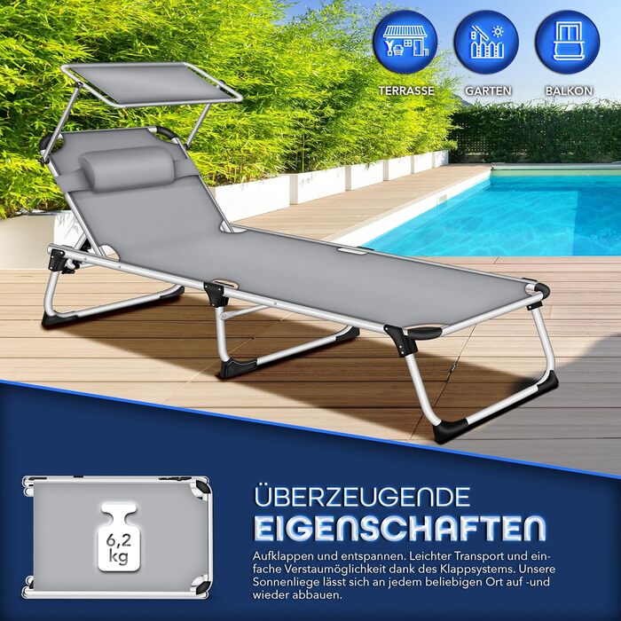 Сонячне ліжко Tillvex® з дахом та подушкою для голови | Садове ліжко, розкладний шезлонг | Пляжне ліжко з регульованою спинкою | Алюмінієве ліжко (Базовий рівень, сірий)