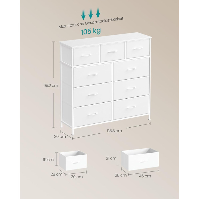 SONGMICS Комод з 9 висувних ящиків, шафа для зберігання, сталь, MDF, фліс, для спальні, прихожей, вітальні, білий (LGS323WH01)