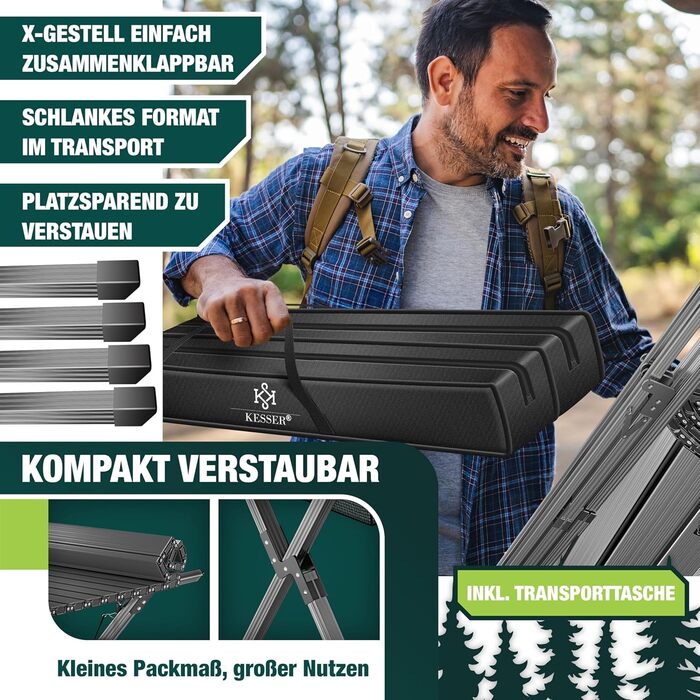 Складаний столик KESSER® для кемпінгу з алюмінієвим каркасом, регульована висота 90x53 см, до 100 кг, з сумкою та сітчастою кишенею (145x70 см, антрацит)