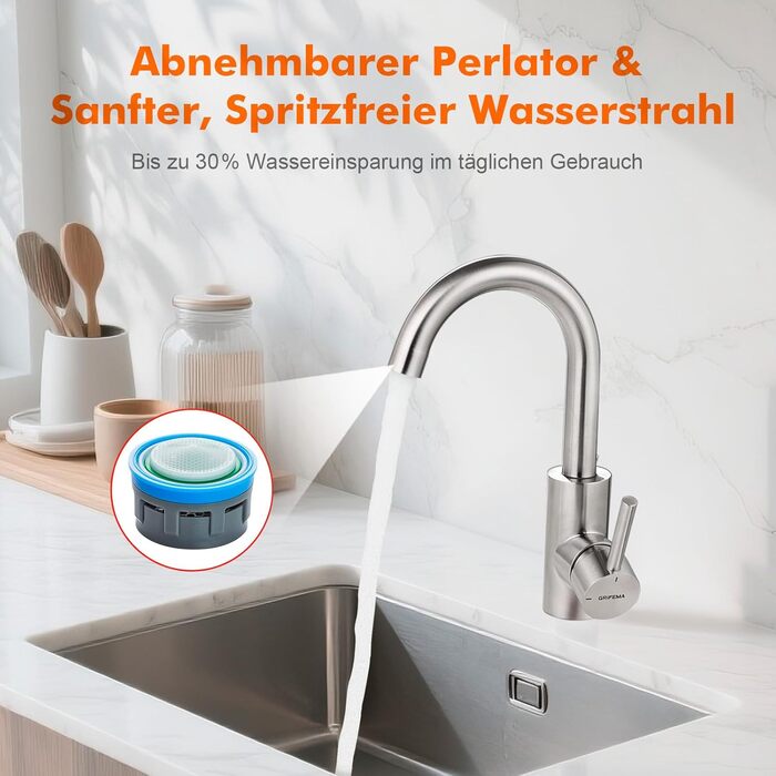 Змішувач для ванної кімнати GRIFEMA, 360° поворотний, однорідний, нержавіюча сталь, 180 мм, холодна та гаряча вода, економія води, проста установка, 3/8″ з'єднання, для гостьового туалету, G1002A сірий