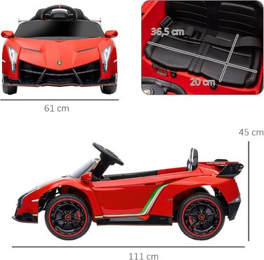 Дитячий електромобіль Lamborghini Veneno HOMCOM 12V з пультом, музикою, червоний, ліцензійний, знімна батарея, для дітей 3-6 років, фірмові двері-крила