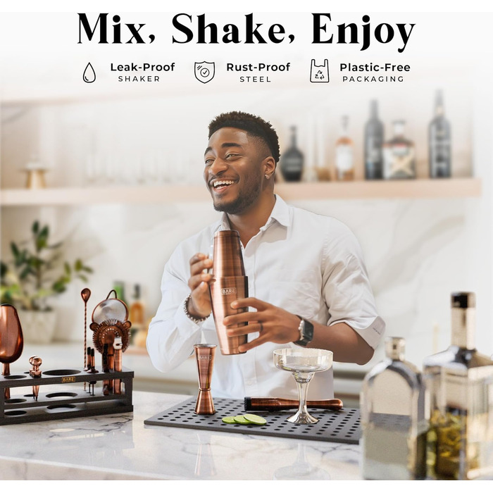 Набір бармена BARE BARREL® Mixology: 16 предметів для приготування коктейлів | Шейкер Boston, Мартіні, 35 рецептів | Преміум якість, мідь/чорний