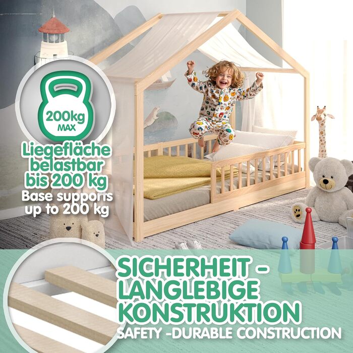 CADANI Мальте - ліжко-будиночок для дітей 120x200 см, біле, Montessori з бортиками, трансформується, з ламелями, до 200 кг, білий (90 x 200 см, натуральний)