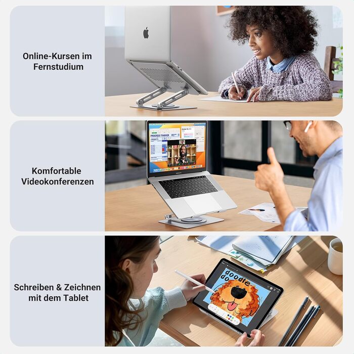 Підставка для ноутбука UGREEN 360° з регулюванням висоти, складна, сіра. Сумісна з MacBook, Air, Pro та ноутбуками 10-17.3