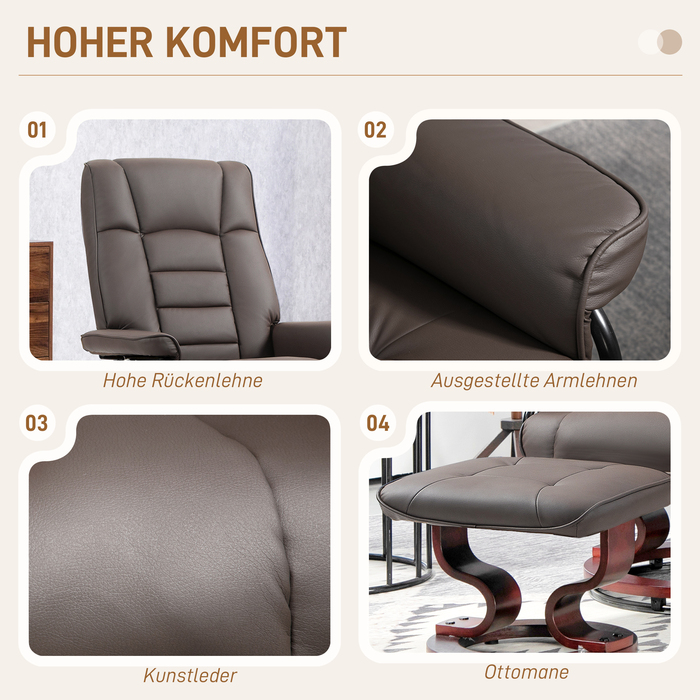 Крісло HOMCOM з пуфом, обертове крісло для телевізора з функцією відкидання спинки, крісло для телевізора з дерев’яним каркасом, витримує до 150 кг, для вітальні, штучна шкіра, коричневе | Aosom