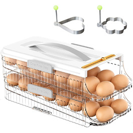 Контейнер для яєць utosday для холодильника, 2-поверховий холодильник-органайзер для яєць з ручкою, що складається прозорий холодильник для зберігання яєць, протиковзкий підлоговий ящик для зберігання яєць (білий) білий 2-поверховий холодильник для зберіг