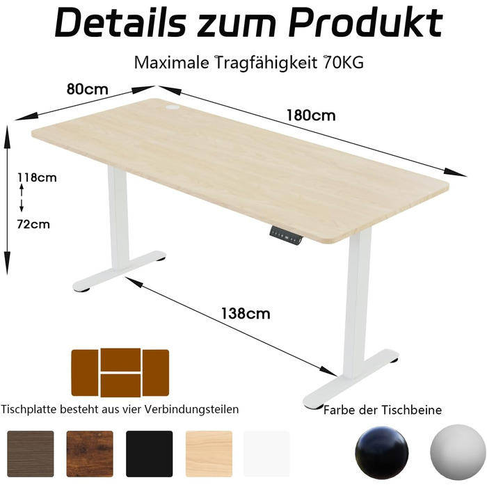 Регульований за висотою стіл Airfish з USB-роз'ємом, електричний стіл з кабельною гондолою, комп'ютерний стіл, офісний стіл, стоячий стіл з нагадуванням про сидячий спосіб життя, 160x80 см, Бежевий & Білий