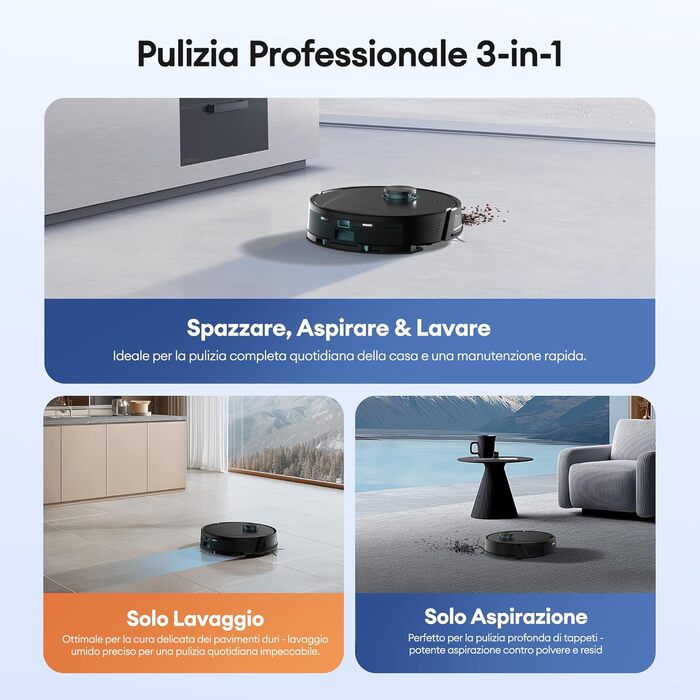 Робот-пилосос Ultenic з функцією миття 6000Pa, LiDAR навігація, 3-в-1, 150 хв роботи, керування через додаток, для шерсті тварин, килимів та твердих підлог D10