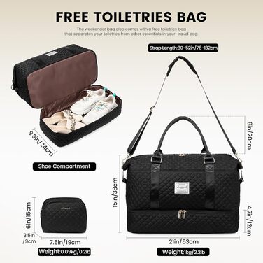 Спортивна сумка LOVEVOOK для жінок: велика дорожня сумка-мішок, weekender, з косметичкою, відділенням для взуття, водонепроникна, для подорожей, спортзалу, кемпінгу (L-2шт), чорна