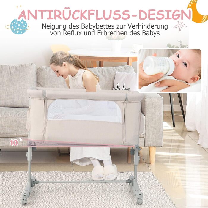 Дитяче ліжко-гойдалка Dreamade 2 в 1 з регулюванням висоти, 86 x 63 см, для новонароджених до 9 кг, з матрацом та колесами, похил 10° (Бежевий)