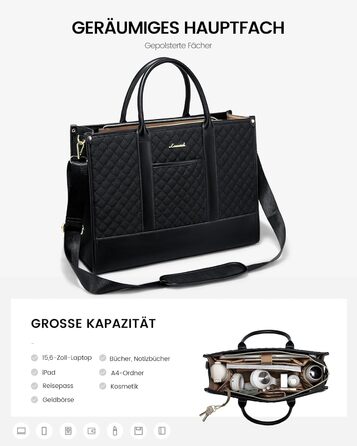 LOVEVOOK Сумка для ноутбука 15.6 дюймів, водонепроникна, для жінок, чорна, велика, ділова, шкіряна, для роботи, навчання, офісу, універсітету