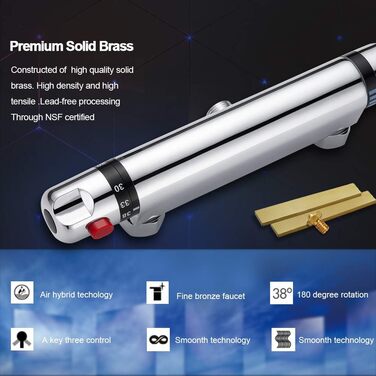 Змішувач для ванни з термостатом, накладний, хром, латунь, з кнопкою безпеки 38°C, для ванни, душ