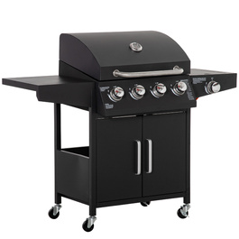 Газовий гриль Outsunny BBQ з 3 пальниками по 3 кВт, мобільний гриль-вагон на 4 колесах, сітка для гриля, бічні столики, редуктор, шланги, шафка, багатофункціональний, метал, чорний, 132,4 см x 55 см x 109 см