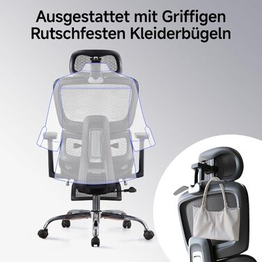 Ергономічне крісло для офісу з підніжкою та подушкою для шиї, 5-рівневе регулювання спинки, 2D підтримка попереку, 3D підлокітники/підголівник, функція нахилу 145°, сітчасте сидіння, гумові колеса (Чорний, Lite)